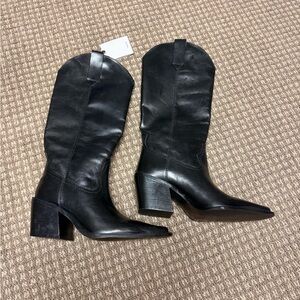 MNG by Mango Black Leather Cowboy Women's Boots sz37 NWT